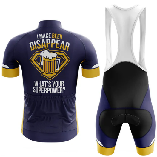 Cycling jersey and bib shorts with humorous text and graphics on a white background