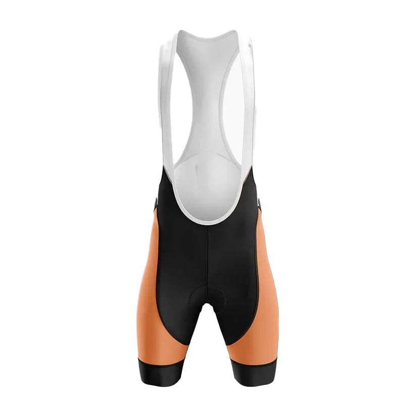 Cycling bib shorts with black and orange design on a white background