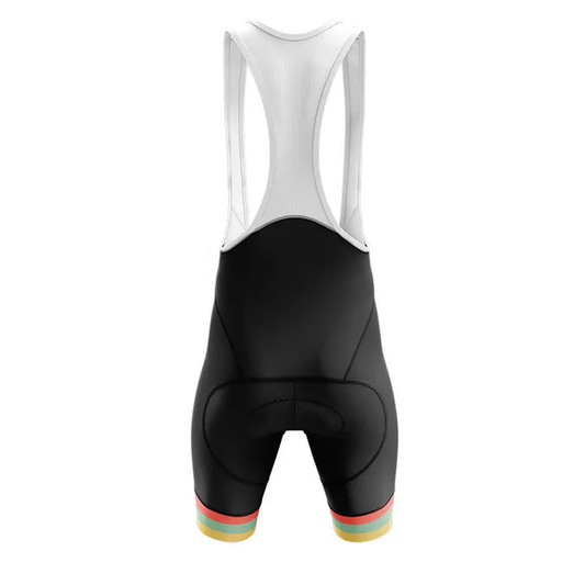 Black and white cycling bib shorts on a white background