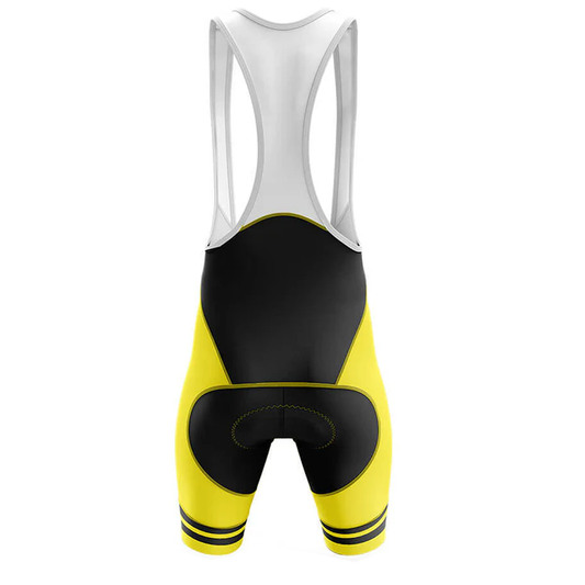 Yellow and black cycling bib shorts on a white background