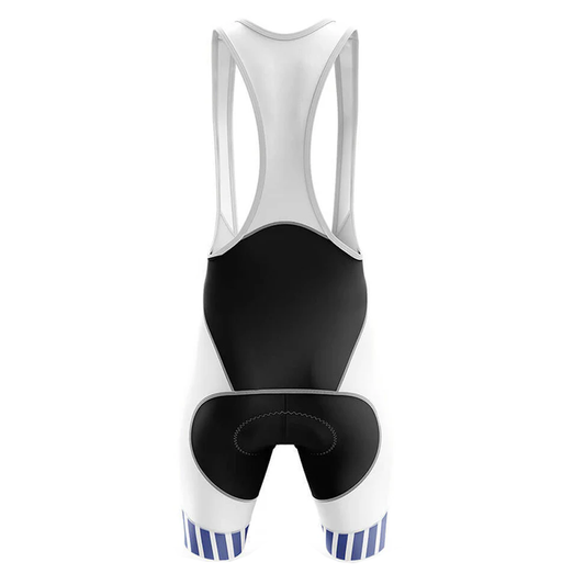 Cycling bib shorts with white and black design on a white background
