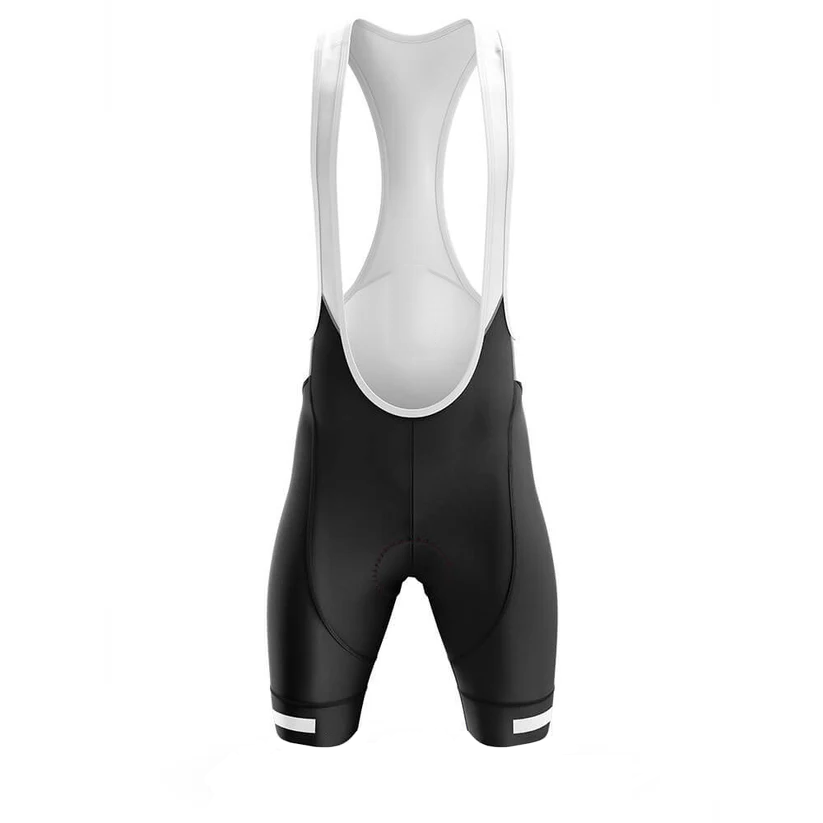 Black cycling bib shorts with white accents on a white background