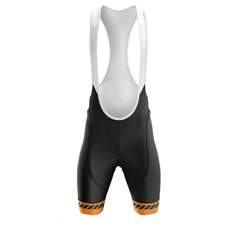 Black cycling bib shorts with orange accents on a white background