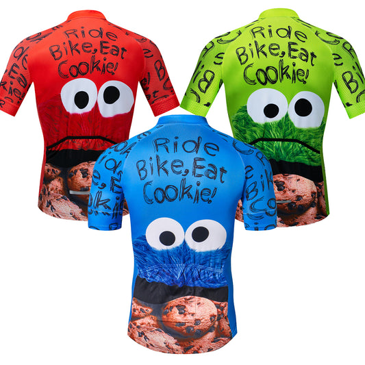 Three colorful cycling jerseys with cookie monster design and text 'Ride Bike, Eat Cookie'.