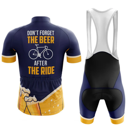 Cycling jersey and bib shorts with humorous text and graphics on a white background