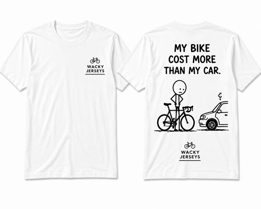 White short-sleeve graphic T-shirt shown from both front and back. The front has a small black 'WACKY JERSEYS' logo on the left chest.