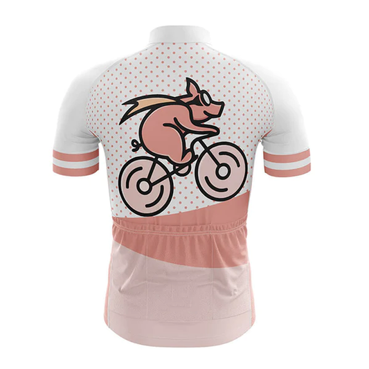 Cycling jersey with a cartoon dog on a bike design on a white background