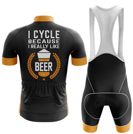 Cycling outfit with text 'Cycle because I really like beer' on a black jersey and bib shorts.