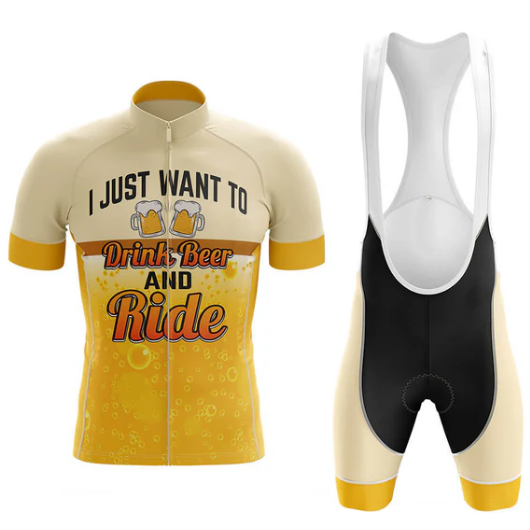Cycling jersey and bib shorts with humorous text and graphics on a white background