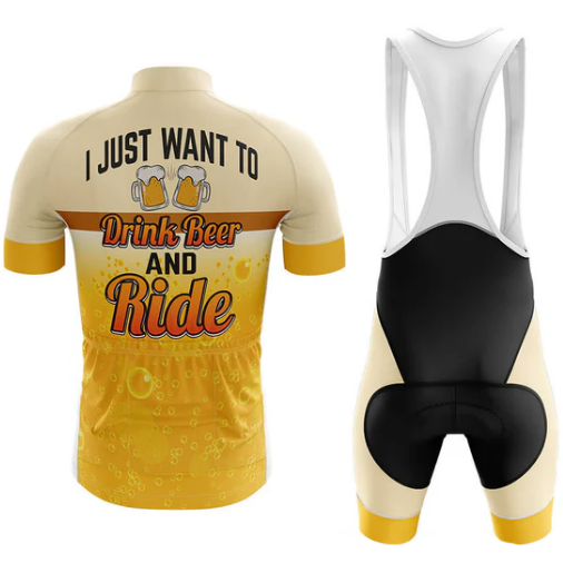 Cycling jersey and bib shorts with humorous text and beer graphics on a white background