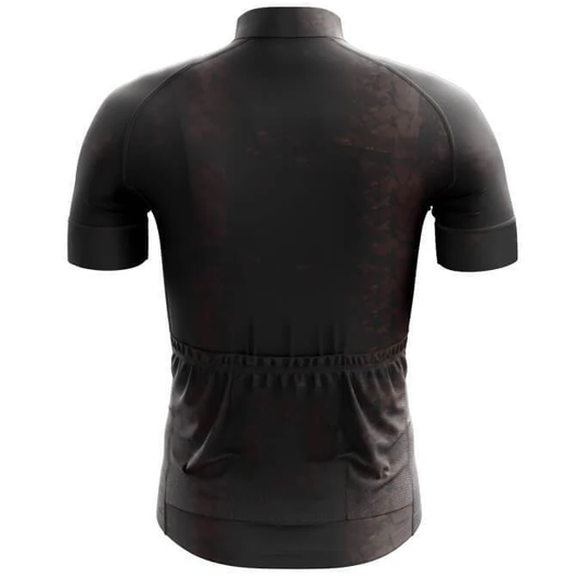 Black cycling jersey with mesh panels on a white background