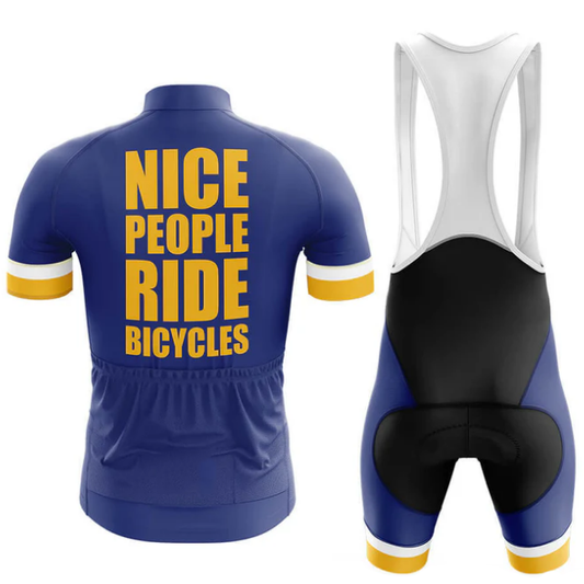 Cycling jersey and bib shorts with 'Nice People Ride Bicycles' text on a white background
