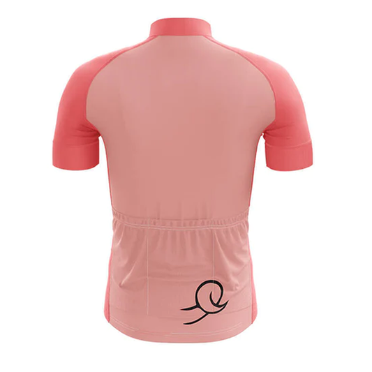 Pink cycling jersey with a logo on the back against a white background