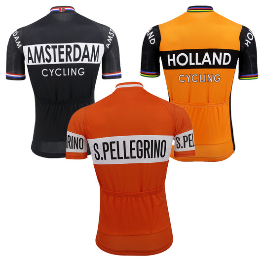 Three cycling jerseys with 'Amsterdam Cycling', 'Holland Cycling', and 'S. Pellegrino' branding on a white background.