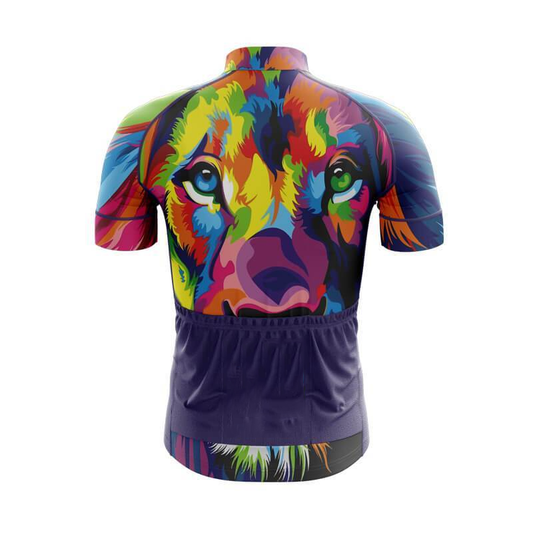 Colorful cycling jersey with a dog's face design on a white background