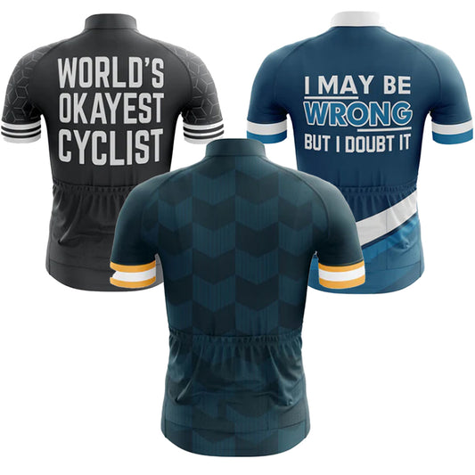 Three cycling jerseys with humorous text on a white background