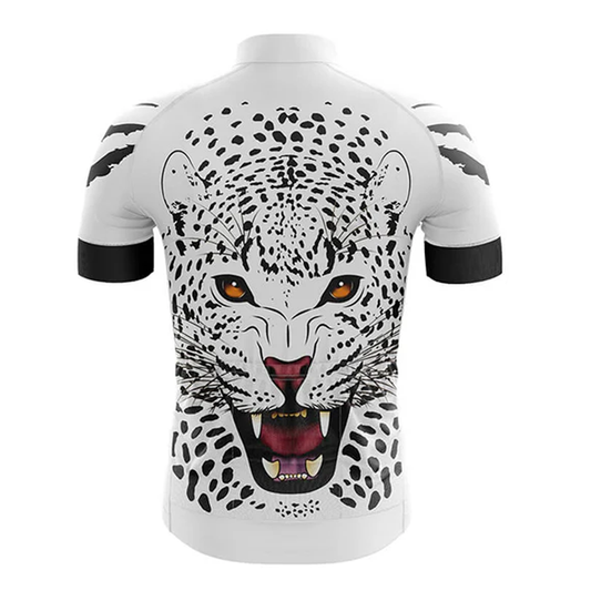 White cycling jersey with a leopard graphic on a white background