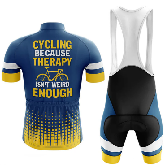 Cycling outfit with text 'Cycling because therapy isn't weird enough' on a blue jersey and black bib shorts.