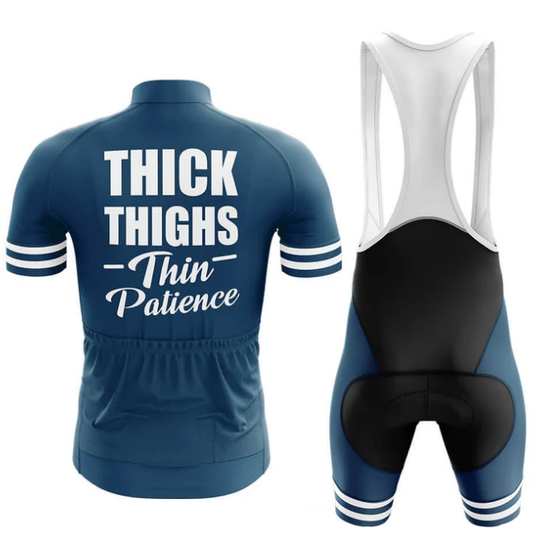 Blue cycling jersey and bib shorts with text on a white background