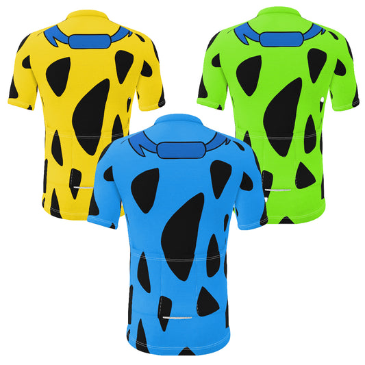 Three short-sleeve shirts in yellow, blue, and green with black abstract patterns on a white background.