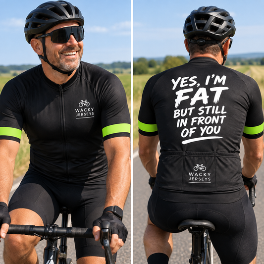 A man wearing a black cycling jersey and matching shorts is shown from the front and back while riding a road bike outdoors. The jersey has bright green sleeve stripes, a white Wacky Jerseys logo on the chest, and bold white text on the back reading 'YES, I'M FAT BUT STILL IN FRONT OF YOU'.