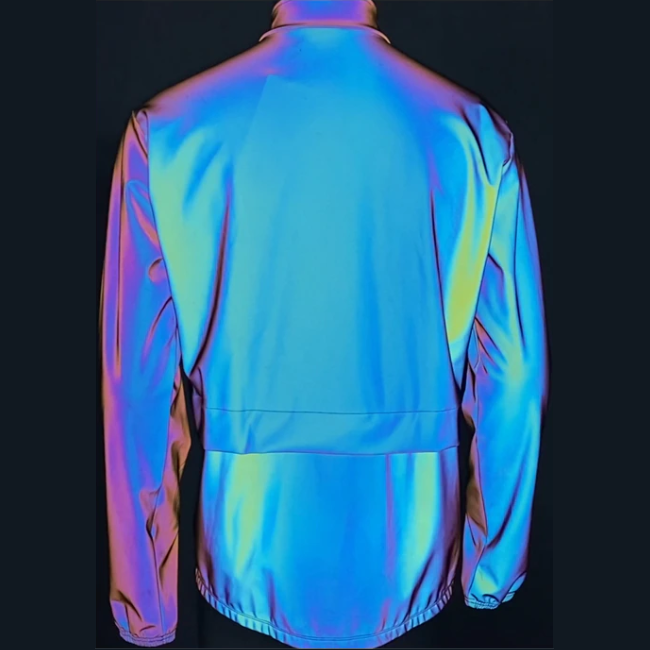 High Visibility Reflective Cycling Jacket - Rainbow back at night