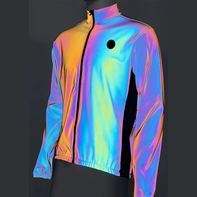 High Visibility Reflective Cycling Jacket - Rainbow side at night