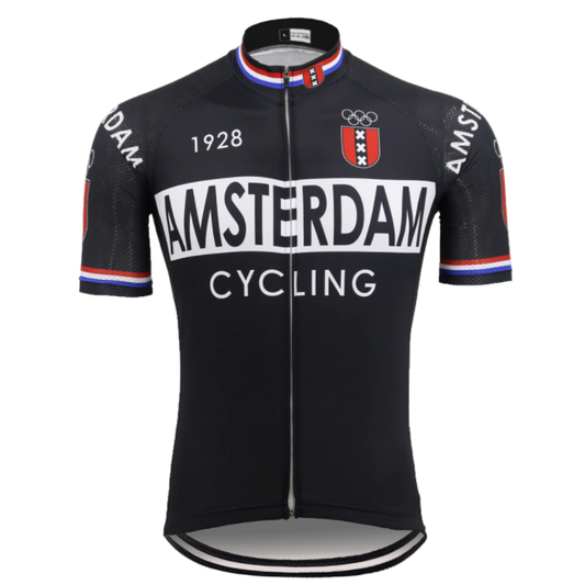 Retro Amsterdam Black Cycling Jersey Front View