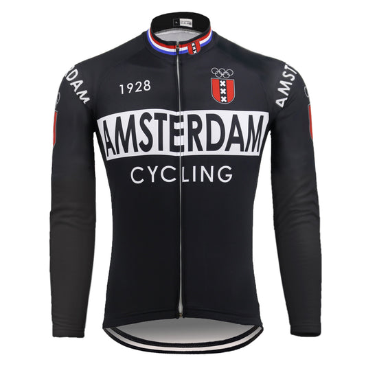 Retro Amsterdam Black Long Cycling Jersey front view