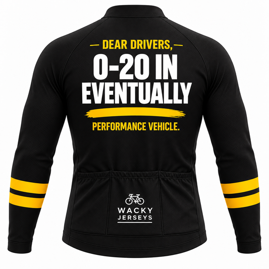 Black long-sleeve cycling jersey shown from the back with bold white and yellow text reading 'DEAR DRIVERS, 0-20 IN EVENTUALLY PERFORMANCE VEHICLE.' and a visible 'WACKY JERSEYS' logo near the lower back pocket.