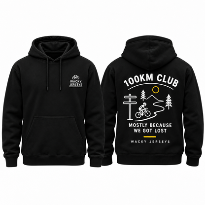 100KM Club hoodie front and rear views, square image