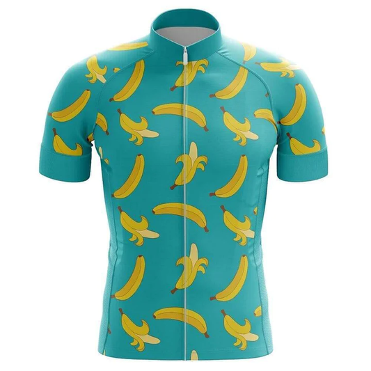 Teal cycling jersey with banana pattern on a white background