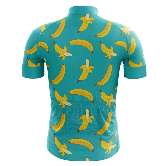 Teal cycling jersey with banana pattern on a white background
