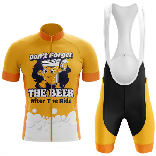 Cycling jersey and bib shorts with a humorous beer-themed design on a white background