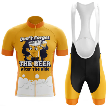 Cycling jersey and bib shorts with a humorous beer-themed design on a white background