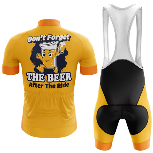 Yellow cycling jersey with cartoon character and text 'Don't Forget The Beer After The Ride' on a white background.