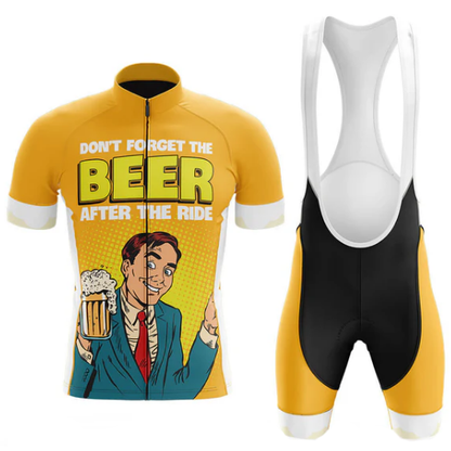 Cycling jersey with graphic design and bib shorts on a white background