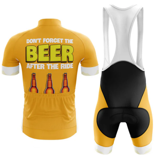 Yellow cycling jersey with 'Don't forget the beer after the ride' text and bottle graphics, paired with black bib shorts on a white background.