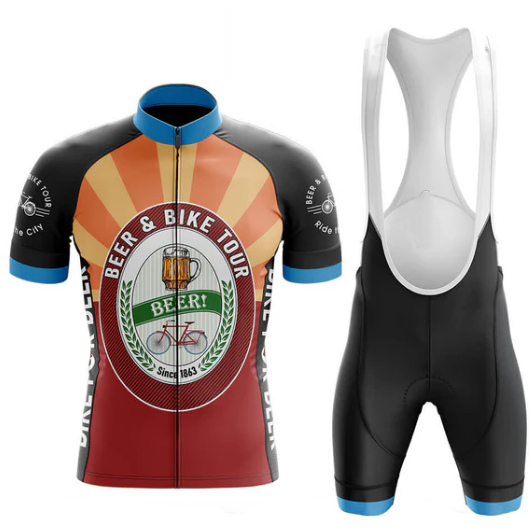 Cycling jersey and bib shorts with 'Beer & Bike Tour' design on a white background