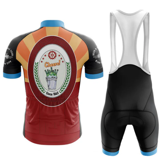 Cycling jersey and bib shorts with a colorful design on a white background