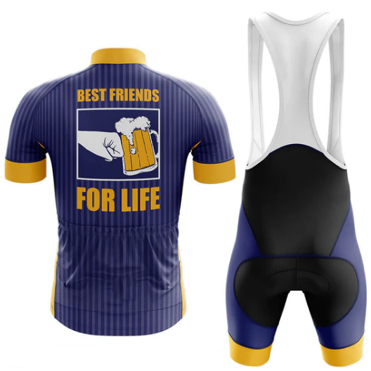 Cycling jersey and bib shorts with 'Best Friends for Life' graphic on a white background