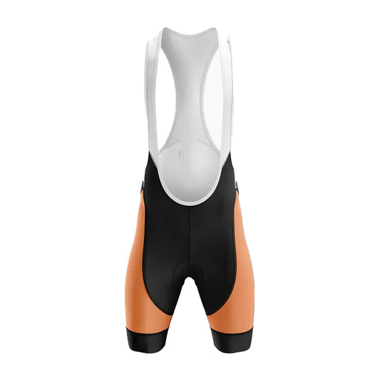 Cycling bib shorts with black and orange design on a white background
