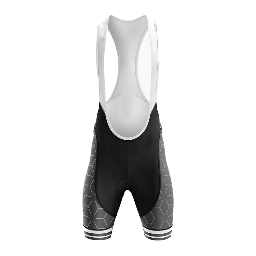 Cycling bib shorts with geometric pattern on a white background