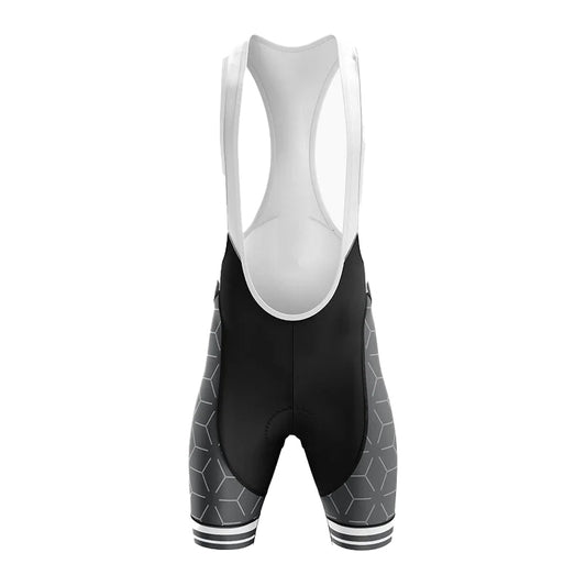 Cycling bib shorts with geometric pattern on a white background
