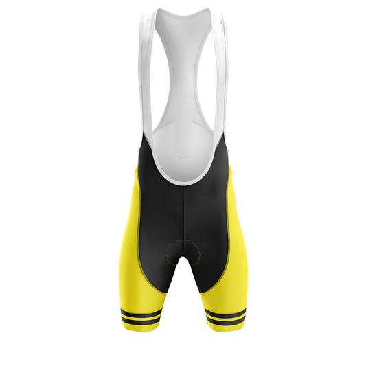 Yellow and black cycling bib shorts with white top on a white background