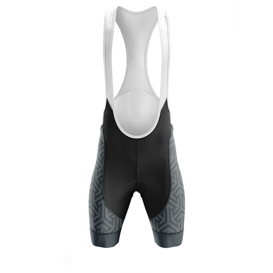 Black and gray cycling bib shorts with white top on a white background