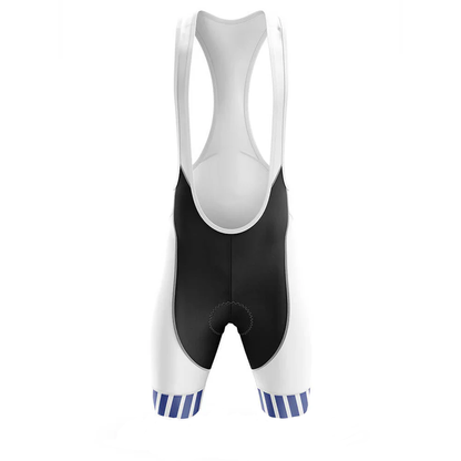 Cycling bib shorts with black and white design on a white background