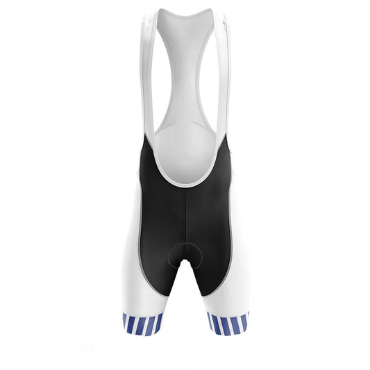 Cycling bib shorts with black and white design on a white background