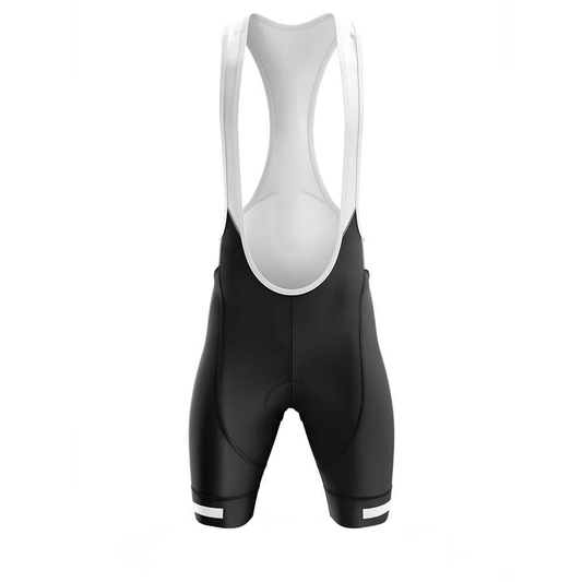 Black cycling bib shorts with white accents on a white background