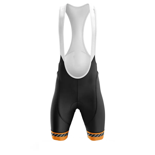 Black cycling bib shorts with orange accents on a white background